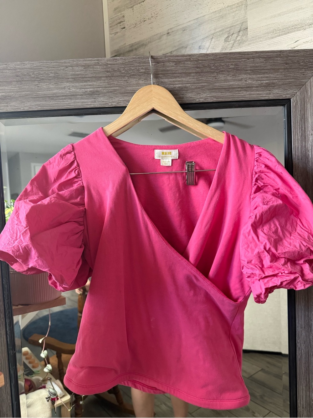 Anthropologie Hot Pink Puff-Sleeve Wrap Top